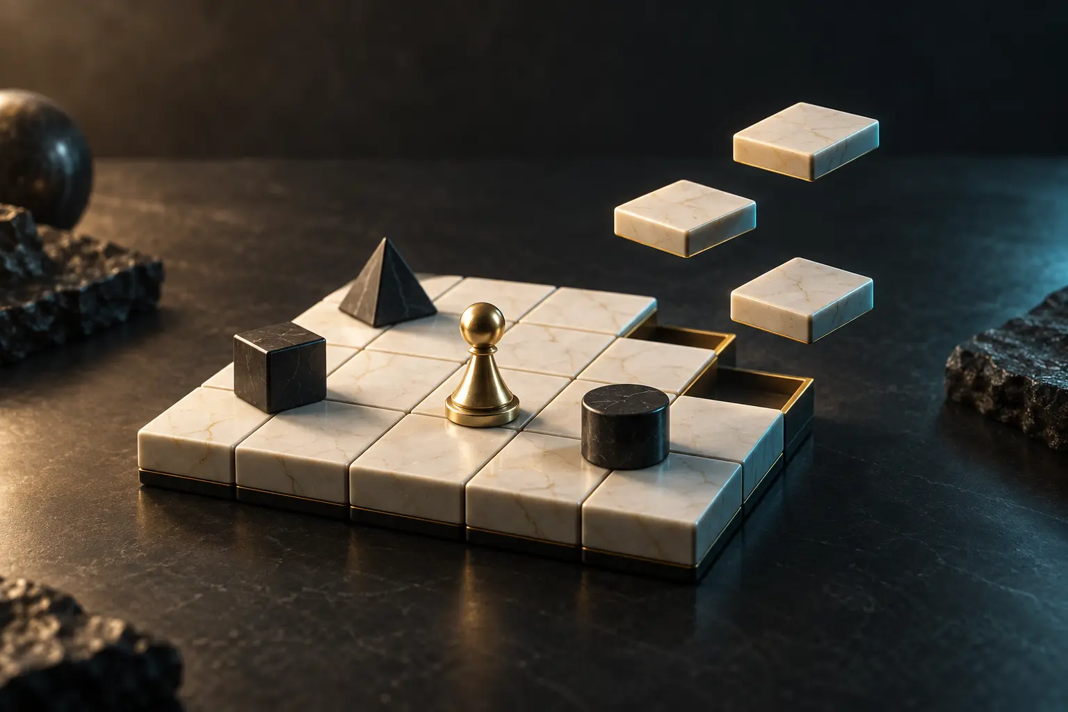 Game pieces on a board being assembled